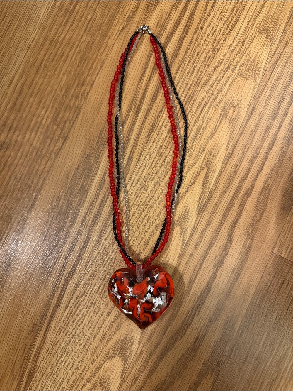 Pier 1 Red, Black and Silver Glass Heart Pendant Necklace